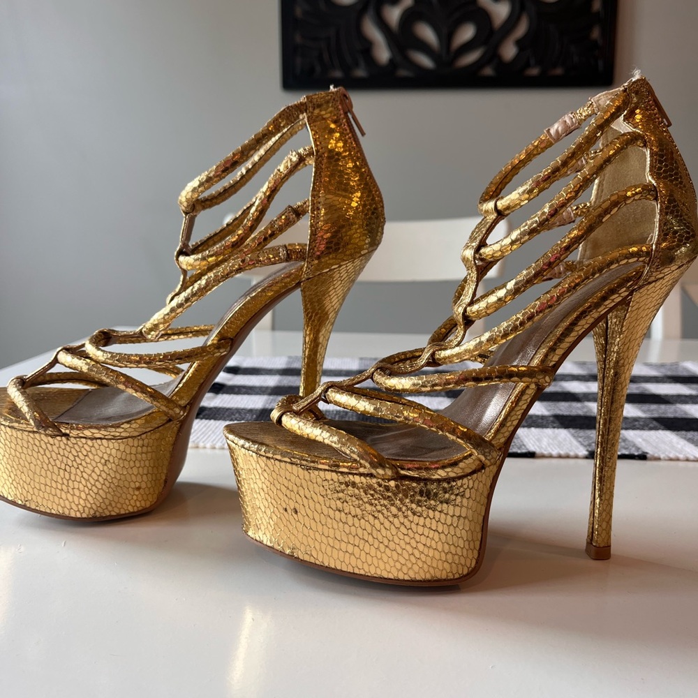 Gold Strappy High Heel Platform Sandals